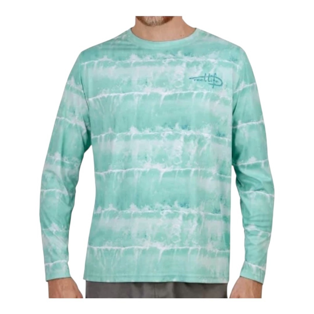 Reel Life Performance Shirt Mens Large Teal Ocean Wave Print Long Sleeve Fishing